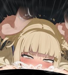 1boy 1girls angry balls_deep big_breasts blonde_hair blowjob blush boku_no_hero_academia censored censored_penis clothed cum cum_inside cumshot eyes_rolling_back fellatio forced himiko_toga leaking_cum looking_at_viewer mizumizuni open_mouth penis penis_in_mouth precum saliva smile sweat tears tied_hair trembling yellow_eyes