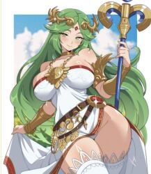 1girls bangle bare_shoulders belt black_thighhighs blush border bracelet breasts brown_belt closed_mouth commentary dress female female_only floating_hair forehead_jewel gem glint gold_bracer green_eyes green_hair hair_ornament highres holding holding_staff jewelry kid_icarus kid_icarus_uprising large_breasts legs_together long_hair looking_at_viewer neck_ring nintendo outside_border palutena panties red_gem skirt_hold smile solo staff standing strapless strapless_dress thighhighs underwear very_long_hair vizaz white_border white_panties