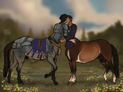 animal_genitalia anthalus_(drakengarth) armor balls black_hair brown_body brown_fur centaur equid equid_taur equine european_mythology fionn_(drakengarth) fur genitals greek_mythology grey_body grey_fur hair hi_res humanoid_taur kissing leg_markings male mammal mammal_taur markings mythology prettynetting sheath socks_(marking) tail taur thoroughbred
