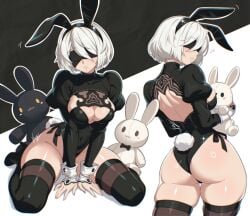 adapted_costume animal_ear_hairband animal_ears arms_between_legs ass back back_cutout black_background black_boots black_hairband black_leotard black_thighhighs blindfold blush boots breasts cleavage cleavage_cutout clothing_cutout commentary covered_collarbone covered_eyes covered_navel english_commentary fake_animal_ears female female_only from_behind full_body groin hairband heart high_heel_boots high_heels highleg highleg_leotard highres holding holding_stuffed_toy juliet_sleeves large_breasts leotard long_sleeves looking_back median_furrow mole mole_under_mouth nier:_automata nier:automata nier_(series) outline parted_lips puffy_sleeves rabbit_ear_hairband rabbit_ears short_hair shoulder_blades side-tie_leotard signature sitting skindentation solo stuffed_animal stuffed_rabbit stuffed_toy thigh_boots thighhighs thighhighs_under_boots thighs thong_leotard two-tone_background vizaz wariza white_background white_hair white_outline white_wrist_cuffs wrist_cuffs yorha_2b