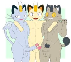 alolan_form alolan_meowth anthro arm_around_back arm_around_neck balls big_balls big_penis black_body black_fur bodily_fluids brown_body brown_eyes brown_fur casual_erection casual_frottage casual_nudity cheek_tuft claws crotch_tuft cute_fangs erection excessive_genital_fluids excessive_precum facial_tuft fangs foreskin frottage fur galarian_form galarian_meowth gay generation_1_pokemon generation_7_pokemon generation_8_pokemon genital_fluids genitals grey_body grey_fur group hi_res homosexual humanoid_genitalia humanoid_penis kamek_sans leaking_precum looking_at_viewer male male_only meowth muscular muscular_anthro muscular_male nintendo penile penis penises_touching pokemon pokemon_(species) precum pubes regional_form_(pokemon) sex sharp_teeth sketch smile smiling_at_viewer tan_body tan_fur teeth thick_thighs trio tuft vein whiskers wide_hips yellow_sclera