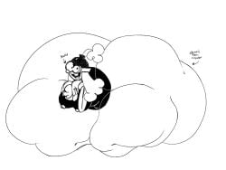 2d 2d_(artwork) ass ass_bigger_than_head big_ass big_breasts big_thighs black_and_white bomb boom!_buster bridget_(boom!_buster) bridget_(buster_jam) buster_jam clothed curly_hair evil_container gloves goggles huge_ass hyper_ass hyper_butt hyper_thighs indie_game looking_at_viewer monstorlilly overalls rubberhose silly silly_face simple_background sitting sitting_on_floor text thick_thighs