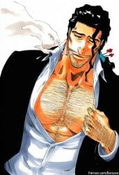 1boy abs ai_generated bara baroxen biceps big_chest bleach chest clothed daddy dilf gay hair hairy_male kyoraku_shunsui kyouraku_shunsui male male/male male_only manly masturbation mature muscular nipples only partially pecs pectorals solo yaoi