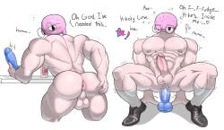 abs anal anal_sex ass balls bent_over blush bodily_fluids brain clothing crouching dildo dildo_in_ass dildo_insertion english_text erection eyewear footwear footwear_only genital_fluids genitals glans glasses heart_symbol hi_res humanoid leaning leaning_forward lube male mostly_nude muscular muscular_male nipples non-human non-human_head not_furry object_in_ass organs pecs penetration penis precum presenting riding_dildo sex_toy sex_toy_in_ass sex_toy_insertion shoes shoes_only simple_background solo solo_male text trolley_cat white_background