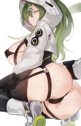 arknights:_endfield big_ass big_breasts bikini covered_nipples fluorite_(arknights:_endfield) green_hair leggings legwear looking_at_viewer panties smile squatting tail thick_thighs thigh_gap thigh_strap thighs ura_illust