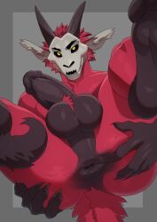 2026 anthro anus ass balls biped black_anus black_balls black_penis black_sclera bone claws demon digital_media_(artwork) finger_claws foreskin fur genitals hand_on_butt hand_on_own_butt hi_res horn humanoid_genitalia humanoid_penis idrysse3 male male_anthro penis presenting presenting_anus presenting_hindquarters pubes red_body red_fur red_pubes skull skull_head solo white_inner_ear yellow_eyes