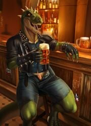 absurd_res alcohol alternative_fashion anthro bar beer beverage bottomwear bulge catpumpkin claws clothing counter denim denim_bottomwear denim_clothing denim_shorts dinosaur gloves green_body handwear hi_res jacket jeans_pull leather leather_clothing leather_jacket leather_topwear male multiple_versions muscular muscular_male open_mouth prehistoric_species punk reptile rocco root_penis saurischian scalie scar sharp_teeth shirt shorts solo spikes teeth theropod topwear torn_clothing torn_shirt torn_topwear tyrannosaurid tyrannosauroid tyrannosaurus tyrannosaurus_rex unzipped unzipped_pants zipper