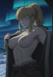 ai_generated anime_style areola areolae armpits aurora aurora_borealis bedroom_eyes belly belly_button big_breasts blonde-haired_female blonde_female blonde_hair blonde_hair_female blue_eyes boobs_out breasts breasts_out exposed_breasts exposed_torso female_focus female_only fit_female half-dressed half_naked icelandic large_breasts light-skinned_female light_skin looking_at_viewer messy_hair naughty_face navel night night_sky nipples nordic nordinex5 norse_woman open_clothes open_clothing open_jacket outdoors pale-skinned_female pale_skin perfect_body ponytail seducing seductive seductive_body seductive_eyes seductive_look seductive_pose sexy shoulders sidelocks slim_female slim_waist snow solo_female solo_focus stable_diffusion standing stars stomach tits_out tummy undressing viking_female vinland_saga voluptuous voluptuous_female ylva_(vinland_saga)