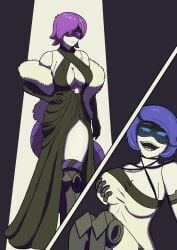 2girls big_breasts black_dress blush cleavage female female_only fur_stole meme murder_drones rebecca_(murder_drones) robot_girl uzi_(murder_drones) ybadrawings yumeko_grabbing_her_breast