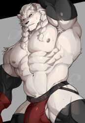 1boy abs ao_(chung0u0) arm_up armpit_hair armpits bara bare_pectorals battle_beast_(invincible) biceps braid bulge commentary erection erection_under_clothes furry furry_male highres invincible_(series) jockstrap looking_at_viewer male_focus male_underwear muscular muscular_male navel nipples pectorals symbol-only_commentary topless_male underwear white_fur