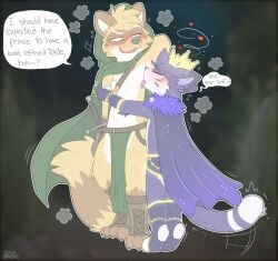 2025 anthro armpit_fetish armpit_lick armpit_play armpit_sniffing belt blush bodily_fluids bottomwear bulge claws closed_eyes clothing constellation_motif crown dialogue dizzy domestic_cat duo english_text facial_markings felid feline felis footwear gloves_(marking) graedius_(artist) graedius_(character) green_eyes hand_behind_head head_markings headgear heart_symbol hearts_around_head hooded_cloak hug leg_markings licking loincloth male male/male male_anthro mammal markings mask_(marking) melee_weapon mostly_nude_anthro mostly_nude_male motion_lines musk musk_cloud musky_armpit narrowed_eyes open_mouth open_smile prince procyonid raccoon royalty ruff_(clothing) sharp_teeth size_difference smile sniffing socks_(marking) speech_bubble striped_markings striped_tail stripes sweat sword tail tail_markings tail_motion tailwag talking_to_another talking_to_partner teeth text tiptoes toeless_footwear tongue tongue_out weapon zaku_(zaaru)