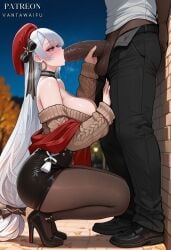 1boy :>= ai_generated aran_sweater azur_lane bangs bare_shoulders belfast_(azur_lane) belfast_(shopping_with_the_head_maid)_(azur_lane) beret black_bow black_choker black_footwear black_pants black_skirt blue_eyes blush bow breasts brown_pantyhose brown_sweater cable_knit caressing_testicles choker cleavage clothed_sex clothing colored_shoe_soles dark-skinned_male dark_penis dark_skin earrings erection fellatio female footwear from_side hat high_heels hoop_earrings huge_breasts huge_cock interracial jewelry large_breasts large_penis large_testicles long_hair long_sleeves low-tied_long_hair makeup male miniskirt netorare night off-shoulder_sweater off_shoulder official_alternate_costume oral outdoors pants pantyhose patreon_username pencil_skirt penis penis_out red_headwear saliva scarf shawl shirt shoes skirt sky solo_focus squatting standing straight sweater testicles thighs tiptoes vantawaifu veins veiny_penis very_long_hair white_hair