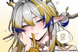 1girl ai_assisted ai_generated arknights blue_eyes blush english_text fatest_squirrel half-closed_eyes hand_on_another's_cheek pov_hands shu_(arknights) shushing slit_pupils straight_hair streaked_hair