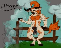 animal_genitalia animal_humanoid anthro balls bovid bovine cattle digital_media_(artwork) druid flat_colors fur genitals hair hooves horn humanoid looking_at_viewer magic_user male mammal muscular nude penis ryukak saggy_balls sheath simple_background solo tail thorne_(ryukak) tribal_spellcaster