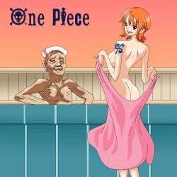 bald bath bathroom bathtub chakoozie female happiness_punch male nami old_man one_piece smile smiling tongue_out towel towel_drop ugly_bastard ugly_man undressing