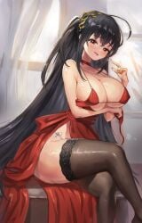 ahoge azur_lane bangs black_hair black_legwear blush breasts choker cleavage cocktail_dress crossed_legs curtains dress eyebrows_visible_through_hair female hair_between_eyes highres huge_breasts jag_ging large_breasts long_hair looking_at_viewer mole mole_on_thigh naughty_face official_alternate_costume red_choker red_dress red_eyes saliva saliva_trail smile solo taihou_(azur_lane) taihou_(forbidden_feast)_(azur_lane) tongue tongue_out very_long_hair window