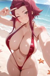 1girls ;) ai_generated akiza_izinski beach beach_background big_breasts blush brown_eyes busty closed_mouth curvaceous curvy hi_res high-angle_view hourglass_figure huge_breasts izayoi_aki large_breasts light-skinned_female light_skin looking_at_viewer navel one_arm_up one_eye_closed peace_sign red_hair sea seductive seductive_smile selfie short_hair sling_bikini smile solo standing sweatdrop swimsuit thick_thighs very_large_breasts vlenn voluptuous younger_female yu-gi-oh! yu-gi-oh!_5d's