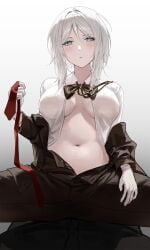 1girls big_breasts blue_eyes blush breasts dante_(limbus_company) eonyan faust_(limbus_company) female female_on_top limbus_company looking_at_viewer medium_hair midriff navel partially_clothed pov project_moon simple_background undressing white_hair