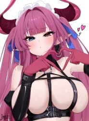 argar_demo azur_lane bare_shoulders blue_eyes blue_ribbon blush breasts commentary_request demon_girl demon_horns detached_sleeves earrings female gloves hair_ribbon half-closed_eyes hands_up heart heart_hands heterochromia highres horns jewelry large_breasts long_hair looking_at_viewer maid_headdress mecklenburg_(azur_lane) mecklenburg_(branding_witchcraft)_(azur_lane) o-ring o-ring_top pink_eyes pink_gloves pink_hair pointy_ears ribbon single_earring skindentation solo upper_body very_long_hair