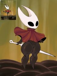 3:4 anthro arthropod bell_crd black_body black_eyes bottom_heavy bottomless cloak clothed clothing empty_eyes featureless_feet feet female front_view genitals hi_res holding_object holding_weapon hollow_knight_(franchise) hornet_(hollow_knight) insects red_cloak red_clothing solo team_cherry thick_thighs vulva weapon white_body wide_hips