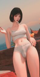 1futa 3d black_hair black_nails bulge ffxiv final_fantasy_xiv futa_only futanari hye_(ffxiv) leaning nipple_bulge pale_skin short_shorts shorts solo_futa tank_top thighs tummy
