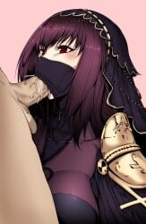 1boy 1girls armor blowjob bodysuit breasts clothed_female_nude_male face_mask fate/grand_order fate_(series) fellatio fellatio_under_mask fellatio_under_veil female gggg hands-free highres long_hair looking_up mask mouth_mask mouth_veil oral oral_sex pauldrons penis purple_hair red_eyes scathach_(fate) shoulder_armor solo_focus straight tight_clothing veins veiny_penis