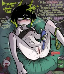 anthro bodily_fluids bombay_(artist) breasts brush canid canine canis clothed clothing clothing_around_one_leg domestic_dog english_text female flat_chested genital_fluids guy_e's_sister hairbrush hi_res mammal masturbation nipples panties panties_around_one_leg panties_down partially_clothed penetration solo text the_disappearance_of_girl_a underwear underwear_around_one_leg underwear_down vaginal_fluids