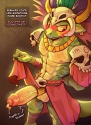 abs accessory anthro cock_ring english_text flustered hi_res jewelry lizardman male mashedsteak2.0 muscular muscular_male pecs penis_accessory penis_jewelry scalie shy solo terraria text tribal tribal_clothing tribal_jewelry twunk witch_doctor_(terraria)