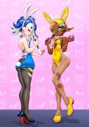 2girls bunny_ears bunnysuit frye_(splatoon) frye_onaga inkling inkling_girl koharuno2 leotard octoling octoling_girl pantyhose ripped_pantyhose shiver_(splatoon) shiver_hohojiro splatoon splatoon_(series) splatoon_3 splatoon_raiders tagme tentacle_hair
