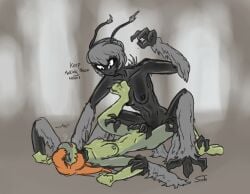 amphibian antennae_(anatomy) arm_tuft asphyxiation black_body breath choking collarbone cryptid disembodied_hand duo feet female female/female fingering frog genitals glistening glistening_body green_body hangmoss hi_res leg_tuft membrane_(anatomy) multi_arm multi_limb nipples questionable_consent serth size_difference slim toes tuft vulva webbed_feet webbed_hands westerly_(serth)