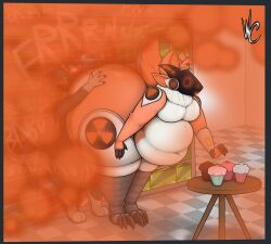 absurd_res anthro ass belly big_butt citrus_(raptormocha) cupcake duo fart fart_cloud fart_fetish farting_on_another food hazard_symbol hi_res hug huge_hips hugging_another hugging_butt leaning leaning_forward machine male male/male moobs navel overweight pressed_against primagen protogen public radiation_symbol spiral spiral_eyes surprised symbol thick_thighs wide_hips wrongcable