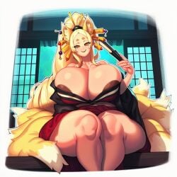 1girls 2d ai_generated animal_ear_fluff animal_ears areola areolae bare_shoulders big_breasts big_thighs black_bra blonde_hair bra breasts cleavage curvy eyeshadow facial_mark female_only folding_fan fox_ears fox_girl fox_tail foxes_inn gigantic_breasts hair_ornament hair_stick hand_fan high_ponytail high_school_dxd holding holding_fan huge_breasts japanese_clothes kimono kitsune large_breasts large_thighs long_hair looking_at_viewer makeup massive_breasts mole multiple_tails off_shoulder orange_eyes ponytail short_eyebrows sitting smile solo solo_female tail thick_eyebrows thick_thighs thighs underwear very_long_hair wide_hips yasaka_(high_school_dxd) yellow_eyes