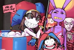 1boy 2026 2_panel_comic 3girls anthro artist_name ass ass_up bathing bathtub bent_over black_eyeshadow blush blush_lines blushing brown-haired_female brown_hair cloudiel cloudielst comic confused confused_look english_text female floating gangle gangle_(tadc) gangle_(the_amazing_digital_circus) glitch_productions gloves grin jax jax_(tadc) jax_(the_amazing_digital_circus) jester jester_hat locked_in male meme mischievous_grin mischievous_smile mostly_nude multicolored_eyes multicolored_gloves noseless overalls partially_submerged pen pomni pomni_(tadc) pomni_(the_amazing_digital_circus) purple_body purple_fur rabbit ragatha ragatha_(tadc) ragatha_(the_amazing_digital_circus) red_hair shaded sharp_teeth sideboob smile speech_bubble standing strategically_covered surprised tadc the_amazing_digital_circus water we_all_float white_body white_skin writing writing_in_notebook yellow_sclera yellow_teeth