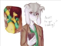 1boy 1boy1other 1other artist_request asriel_dreemurr deltarune distracted incest_(lore) kris_(deltarune) long_distance_relationship midriff presenting renaiheiki sending_nudes sending_photo showing_off tummy