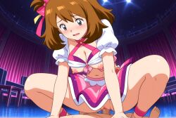 ai_generated blouse bows breasts brown_hair cowgirl_position green_eyes haruka_(pokemon) idol may_(pokemon) may_(pokemon_oras) neckline neon_lights nightclub nipples penetration pokemon pokemon_oras sex sexy sexy_body sexy_cleavage sexy_pose sexy_smile skirt things vaginal_penetration