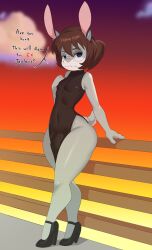 1boy 2d anthro anthro_only biped blue_eyes brown_hair bulge clothed clothed_male clothing color crossdressing crossdressing_male detailed_bulge dialogue dress english_text eyewear femboy femboy_only feminine feminine_pose footwear friends_with_benefits full_color gabby_summers_(oc) genital_outline glasses hair hi_res high_heels lagomorph leporid looking_at_viewer makeup male male_anthro male_only mammal non-nude original original_character penis_outline ponytail pumps rabbit revenge revenge_porn shoes slit_dress solo standing tail text thick_thighs toned_belly toned_body wagyuu wearing_glasses wide_hips