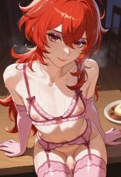 ai ai_art ai_assisted ai_generated bra cute diluc_(genshin_impact) elbow_gloves eyebrows eyelashes eyeshadow femboy feminine feminine_body feminine_male feminine_pose flaccid flaccid_penis flat_chest flat_chested food foreskin garter garter_belt garter_straps gay gay_male genshin_impact girly lingerie lipstick makeup neronaai nipples otoko_no_ko otokonoko penis petite petite_body petite_male red_eyes red_hair sitting small_penis smile smiling steam steaming sweat sweating table teasing teasing_viewer thigh_highs thighhighs thighs yaoi