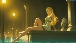 ai ai-created ai_art ai_generated anime anime_character anime_girl anime_style animestyle arm_support barefoot blonde_female blonde_hair feet female from_side full_body hentai high_quality high_resolution knee_up lamp leaning_back legs long_hair looking_at_viewer medium_breasts parted pointy_ears sitting smile solo water zelda