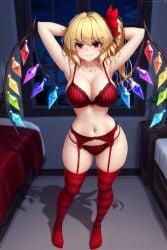 1girls ai_generated arms_behind_head bed bedroom blonde_hair bra breasts crystal female flandre_scarlet garter_belt hair_ribbon hater_(hatater) legwear looking_at_viewer night panties red_bra red_eyes red_garter_belt red_legwear red_panties red_ribbon short_hair side_ponytail smile solo_female standing touhou wings