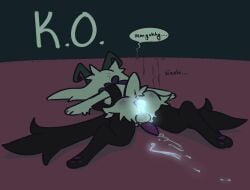 absurd_res after_anal after_sex animal_genitalia animal_penis anthro ass balls black_rose_(meekzhyu) blue_cum bodily_fluids colored_cum cum english_text excessive_cum excessive_genital_fluids feline_genitalia feline_penis fur generation_9_pokemon genital_fluids genitals glowing glowing_cum green_body green_fur gynomorph hi_res humor intersex lying meekzhyu meowscarada nintendo on_front pawpads penis pokemon pokemon_(species) scut_tail short_tail solo tail text unusual_bodily_fluids unusual_cum unusual_genital_fluids