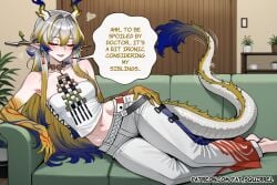 1girl ai_assisted ai_generated arknights blush closed_eyes couch dragon_tail english_text fatest_squirrel hand_on_own_hip light_smile on_couch on_side open_mouth shu_(arknights) small_breasts strapless_shirt streaked_hair tail_wagging white_pants