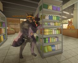 absurd_res anal anal_sex anthro beard bodily_fluids body_hair brown_body brown_fur canid canine canis chest_hair chest_tuft cum dialogue dire_(fortnite) duo english_text epic_games facial_hair fortnite fur genital_fluids genitals group hi_res leaking_cum leaking_precum leg_grab machine male male/male mammal multicolored_body multicolored_fur musk penetration penis precum profanity protogen public purple_body purple_fur sound_effects speech_bubble text trio tuft wolf zeraklawz