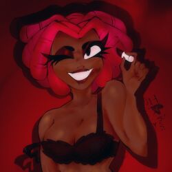 1girls brawl_stars breasts dark-skinned_female dark_skin female female_only juju_(brawl_stars) lingerie lipstick lipstick_mark maroon_lipstick red_hair sexy wink winking winking_at_viewer woman_only