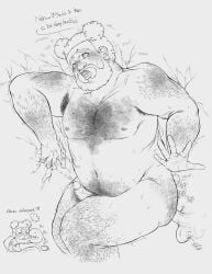 anal armpit_hair bear_(body_type) clutching_sheets date_everything dialogue disembodied_penis hairy hairy_chest hairy_legs male_bottom male_focus moaning teddy_(date_everything) text thick_thighs
