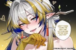 1girl ai_assisted ai_generated arknights blue_eyes blush english_text fatest_squirrel half-closed_eyes light_smile nude open_mouth shu_(arknights) slit_pupils straight_hair streaked_hair wiping_mouth