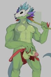 2026 5_fingers anthro artist_logo balls bamboo bamboo_stick bone bone_mask bottomwear bottomwear_pull bulge butfdai clothed clothing clothing_lift clothing_pull digital_media_(artwork) erection feathered_headdress fingers genitals glans green_body green_penis hand_on_penis hi_res holding_object holding_stick humanoid_genitalia humanoid_penis lihzahrd lizard logo loincloth loincloth_lift looking_aside male mask muscular muscular_anthro muscular_arms muscular_male pecs penis pointy_ears reptile scalie skull skull_mask solo stick terraria topless topless_anthro topless_male vein veiny_penis witch_doctor_(terraria)