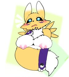 absurd_res anthro bandai_namco black_sclera blue_eyes blush breasts canid canine digimon digimon_(species) female fur hi_res mammal milkteafox nipples nude renamon solo tuft yellow_body yellow_fur