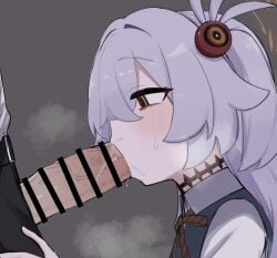 1boy black_choker blue_archive bow bowtie brown_eyes brown_halo choker diagonal-striped_bow diagonal-striped_bowtie diagonal-striped_clothes dress fami_miminmin fellatio female grey_hair hair_between_eyes halo highres kanoe_(blue_archive) long_hair looking_to_the_side multicolored_eyes oral penis pinafore_dress saliva short_twintails simple_background sleeveless sleeveless_dress steam striped_bow striped_bowtie striped_clothes twintails two-tone_eyes upper_body veins