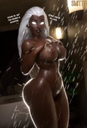 3d 3d_(artwork) big_ass big_breasts carpet_matching_drapes dark-skinned_female dialogue glowing_eyes hourglass_figure hourglass_figured_female looking_at_viewer marvel marvel_comics ororo_munroe pubic_hair shower showering smitty34 speaking_to_viewer storm_(x-men) thick_thighs thin_waist very_long_hair wet_skin white_eyes white_hair x-men