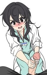 1boy 1girls ameku_takao ameku_takao_no_suiri_karte brown_hair cum doctor handjob hands light-skinned_female light-skinned_male light_skin mayauprising scrubs smile